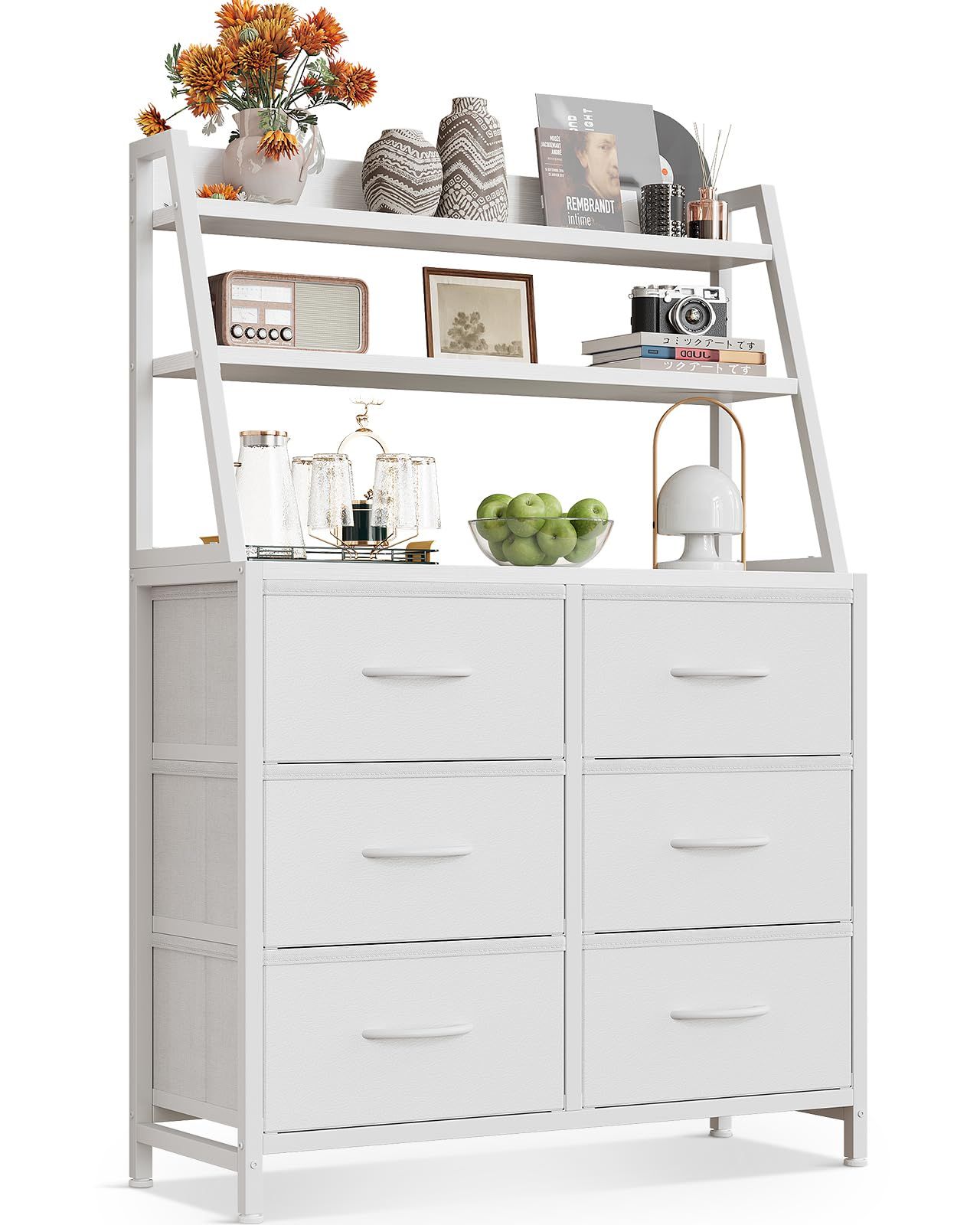 AODK 棚 収納 ラック付きチェスト タンス 大容量 幅80×奥行き30cm たんす 洋服タンス リビング収納 布製引き出し 衣装ケース 転倒防止 安定感 おしゃれ 6段6杯 ホワイト