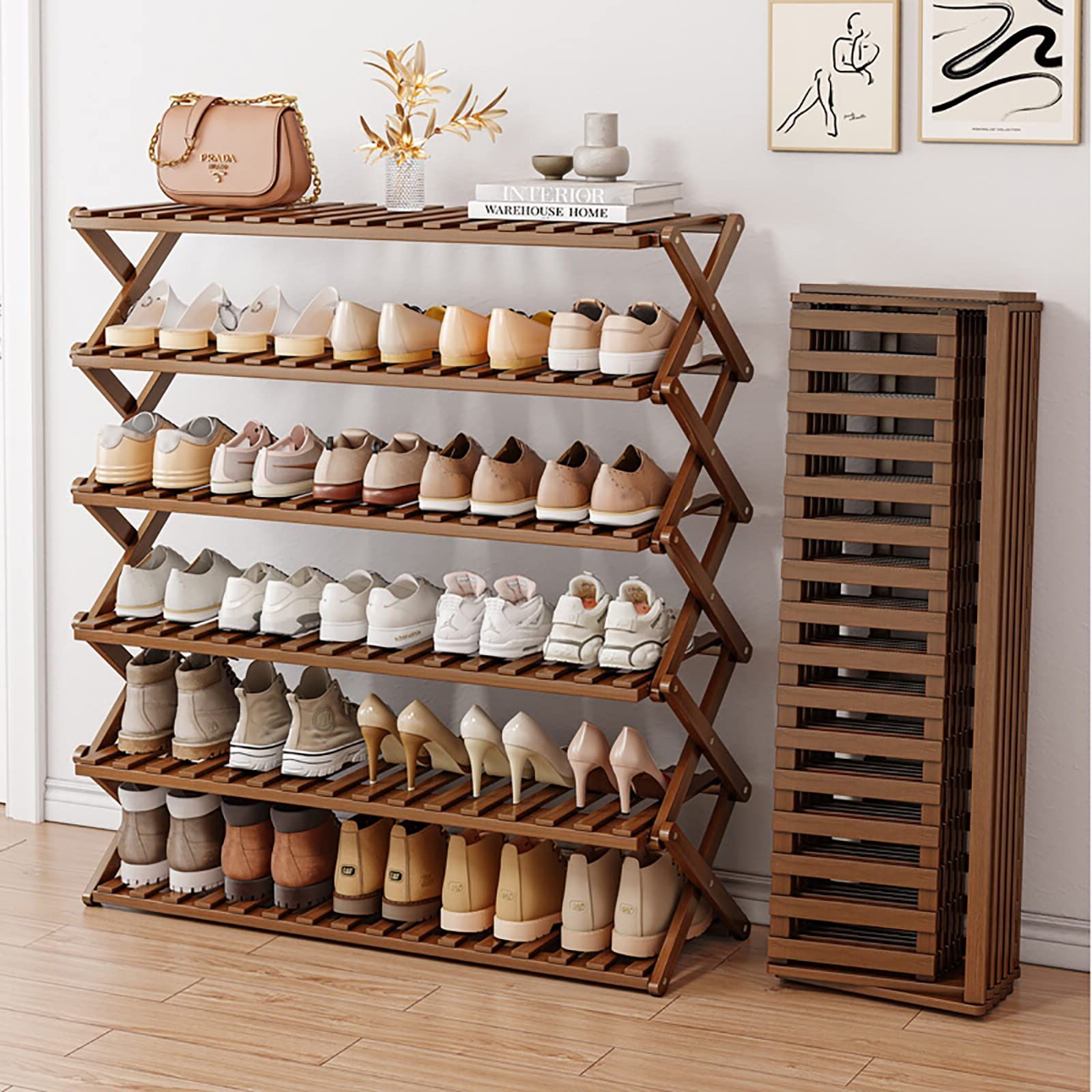 Fuyutu シューズラック 折りたたみ スリム 省スペース 4段 5段 6段 天然竹製 完成品 幅50 70 100 cm 組立不要 靴棚 靴収納 玄関 室内 廊下 部屋 ブラウン 幅100