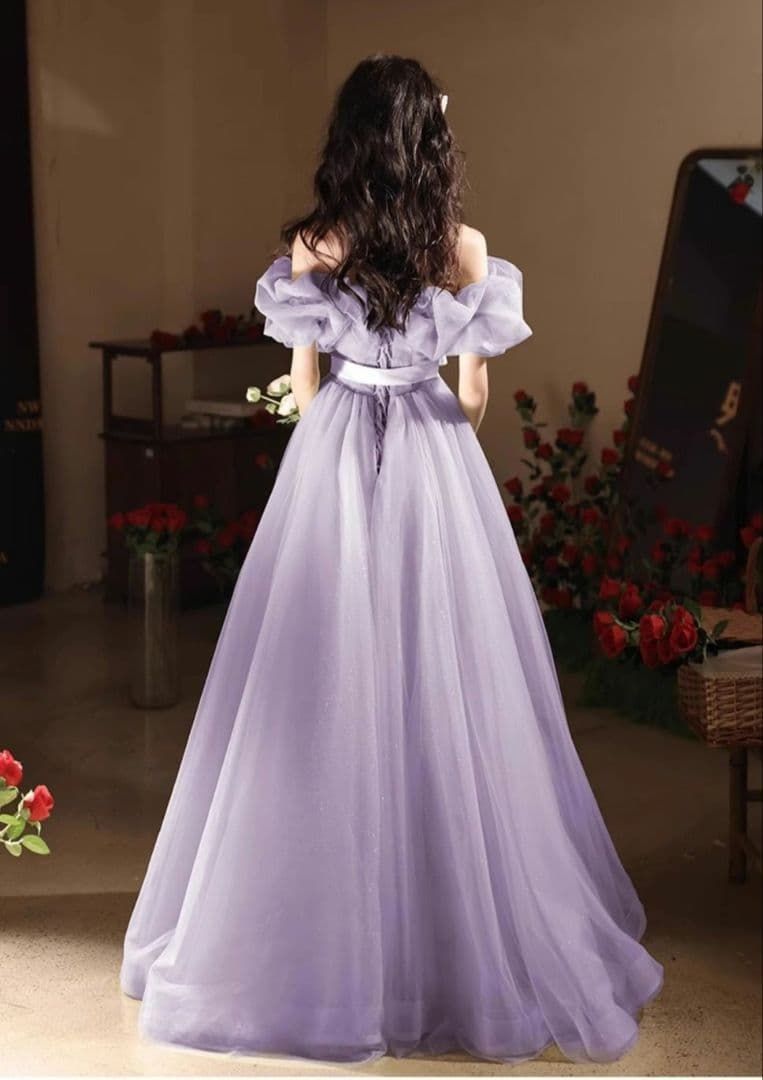 ️優しいラベンダーのふんわりロングドレス ️オフショルダー フェミニン