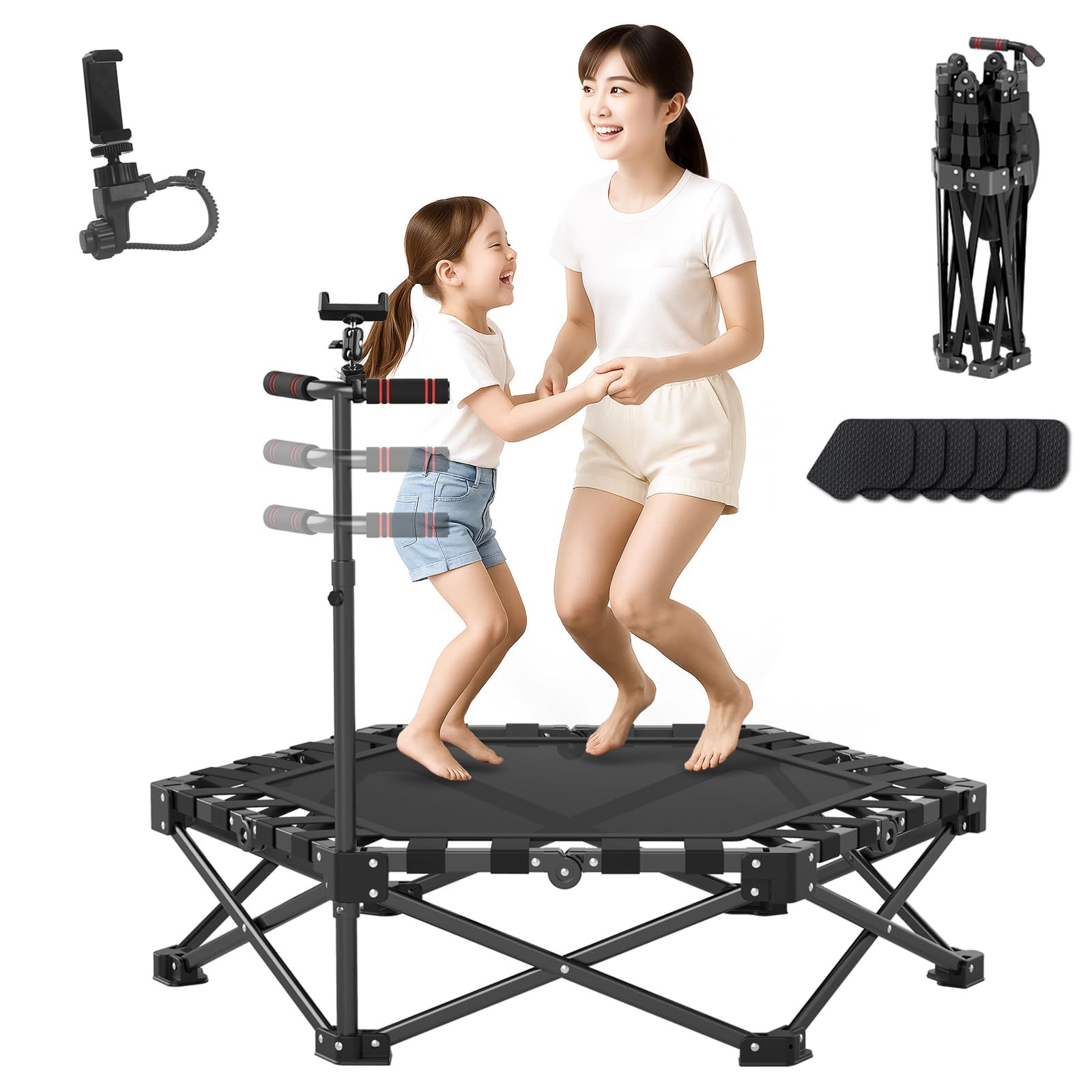 トランポリン 子供 室内 大人用 15秒 折りたたみ 組み立て不要 New スマホホルダー付き 手すり付き 3段階調節 静音 全鋼構造 高弾力 トレーニング エクササイズ 遊び 家庭用 耐荷重150kg