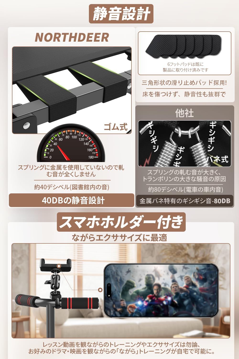 トランポリン 子供 室内 大人用 15秒 折りたたみ 組み立て不要 スマホホルダー付き 手すり付き 3段階調節 静音 全鋼構造 高弾力 トレーニング エクササイズ 遊び 家庭用 耐荷重150 kg