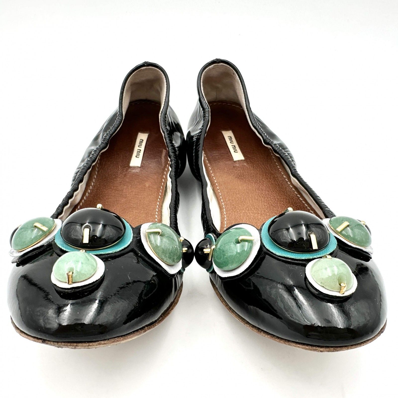  激 miumiu バレーシューズ ストーン ブラック 1355 T フラットシューズ バレエシューズ パンプス