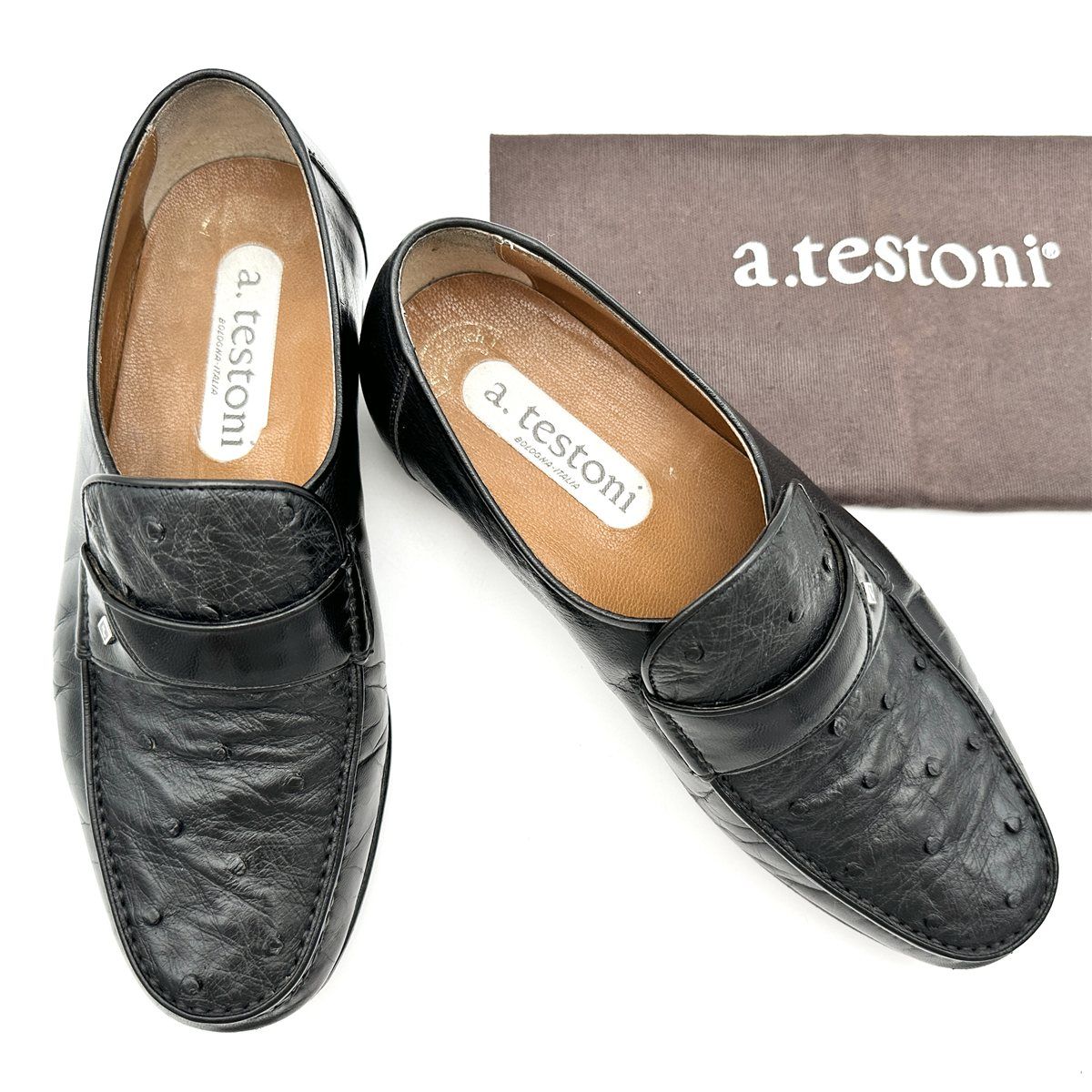 a.testoni ローファー 本革 ビブラムソール オーストリッチ ブラック  