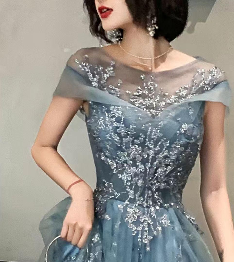 ️華やかエレガントなブルーシースルー刺繍ドレス ️ カクテルドレス