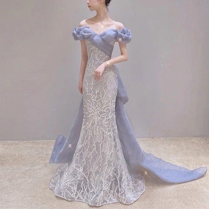 ️華やかチュールの美シルエットロングドレス ️ラベンダー オフショルダー