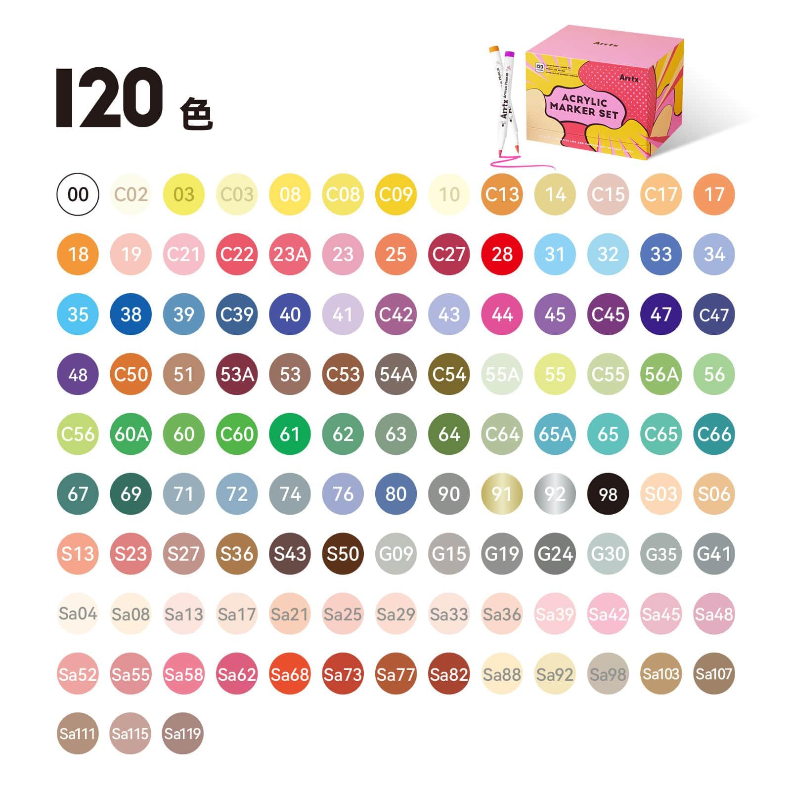 Arrtx 120色 ペイントマーカー ペイントペン アクリルペイントペン アーティスト 大人 塗り絵 描画用 - ロックペインティング 木材 キャンバス DIYクラフト作成用の追加ブラシチップ アート用品