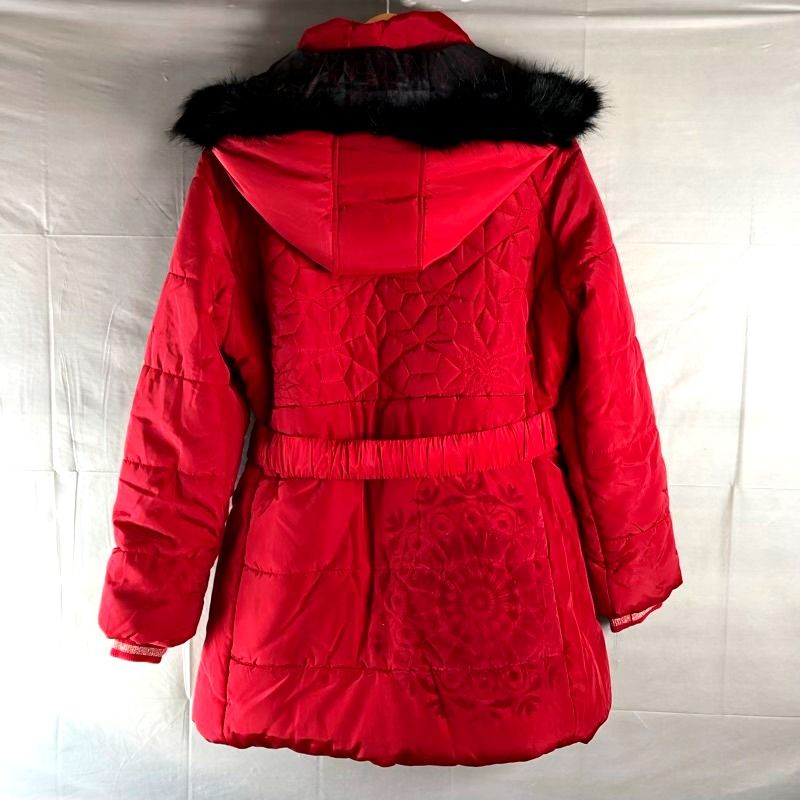 デシグアル Desigual コート 中綿コート フード付き ミディ丈 ベルト付き レッド 48サイズ 953716