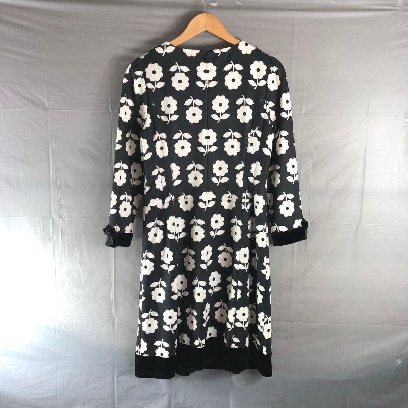 スーパービューティー super beauty ワンピース 長袖 花柄 ベロア リボン 裏地付き 白 黒系 42サイズ 978151
