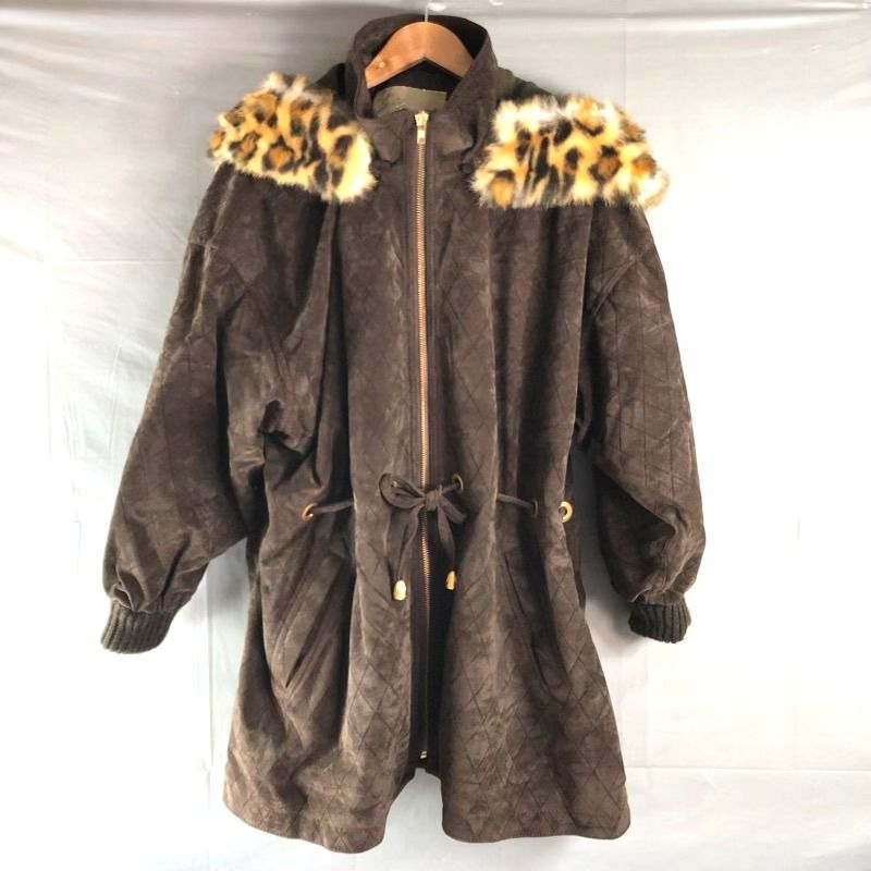 イタリヤ 伊太利屋 コート フェイクファーフード レオパード キルティング ウエストリボン ブラウン 9サイズ 978163