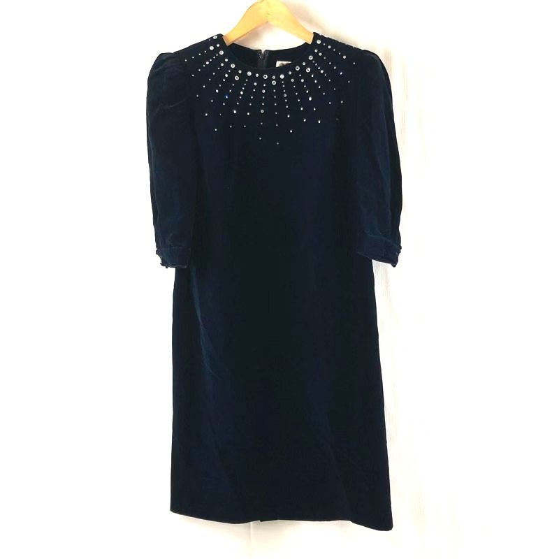 レジァンス REGENCE ワンピース ラインストーン ビジューボタン ベルベット オケージョン インナー付き ネイビー 978392