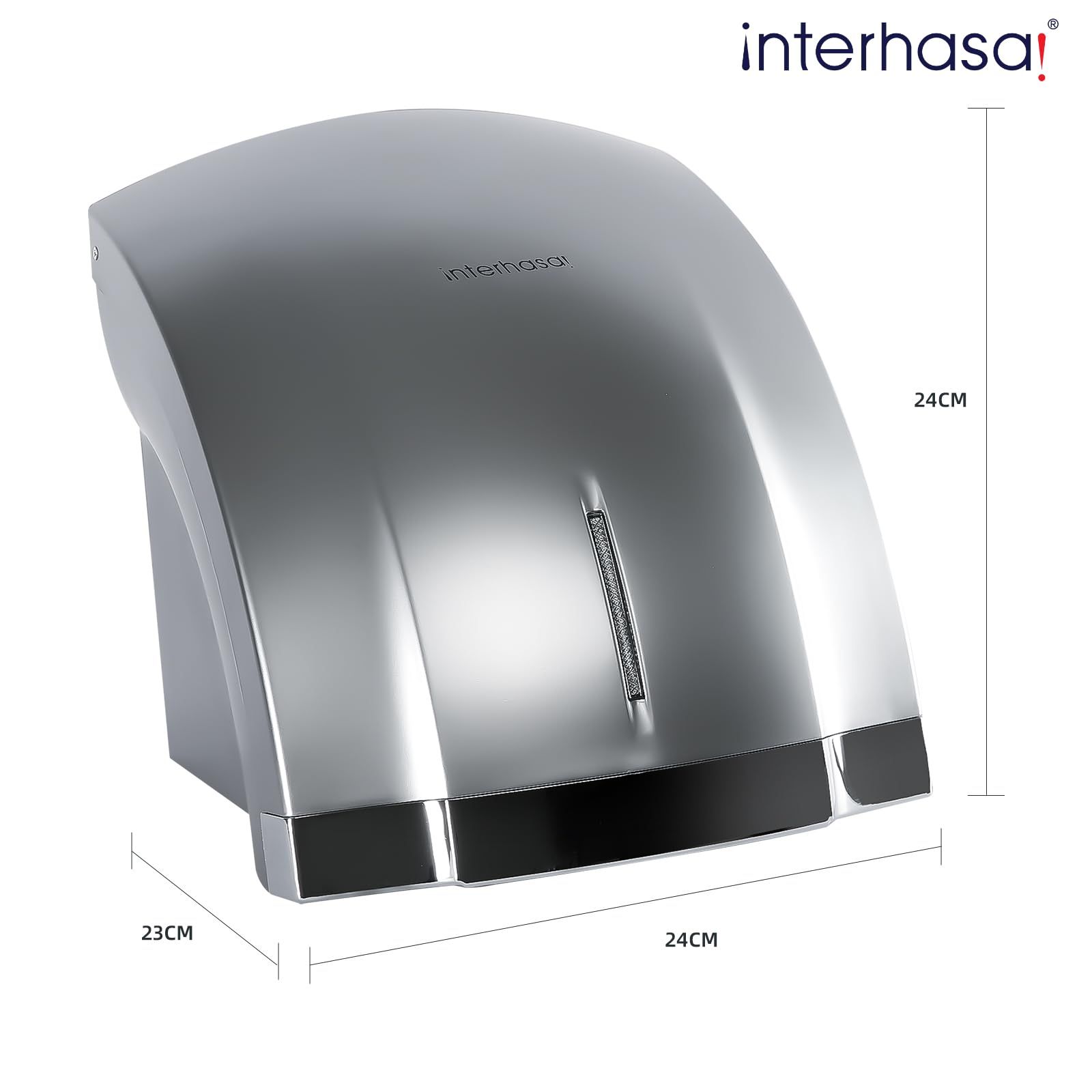 interhasa ハンドドライヤー 壁掛け式 小型 コンパクト 家庭用 業務用兼用 速乾 1800 W 自動冷風 温風切替 省エネ 静音設計 シルバー