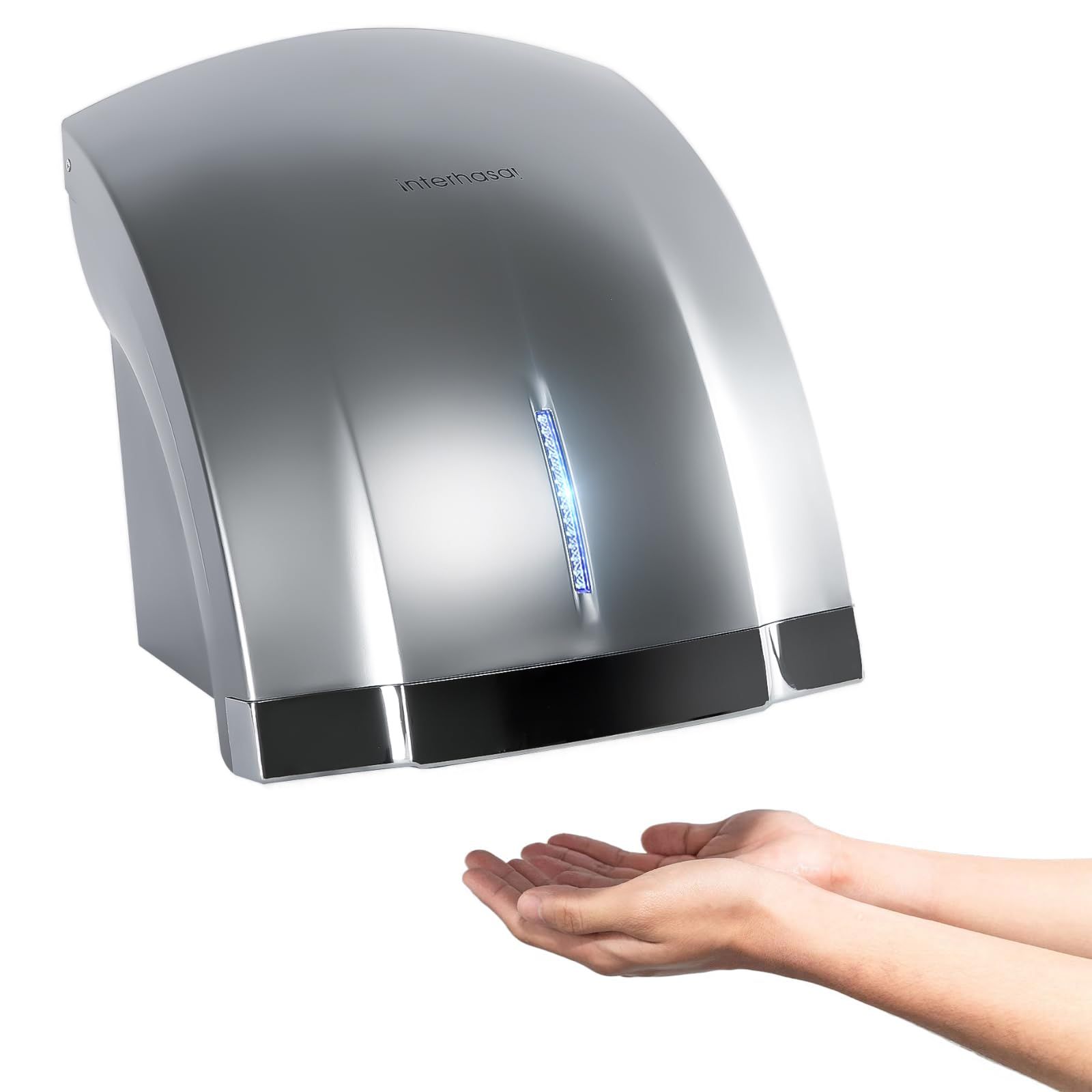interhasa ハンドドライヤー 壁掛け式 小型 コンパクト 家庭用 業務用兼用 速乾 1800W 自動冷風 温風切替 省エネ 静音設計 シルバー