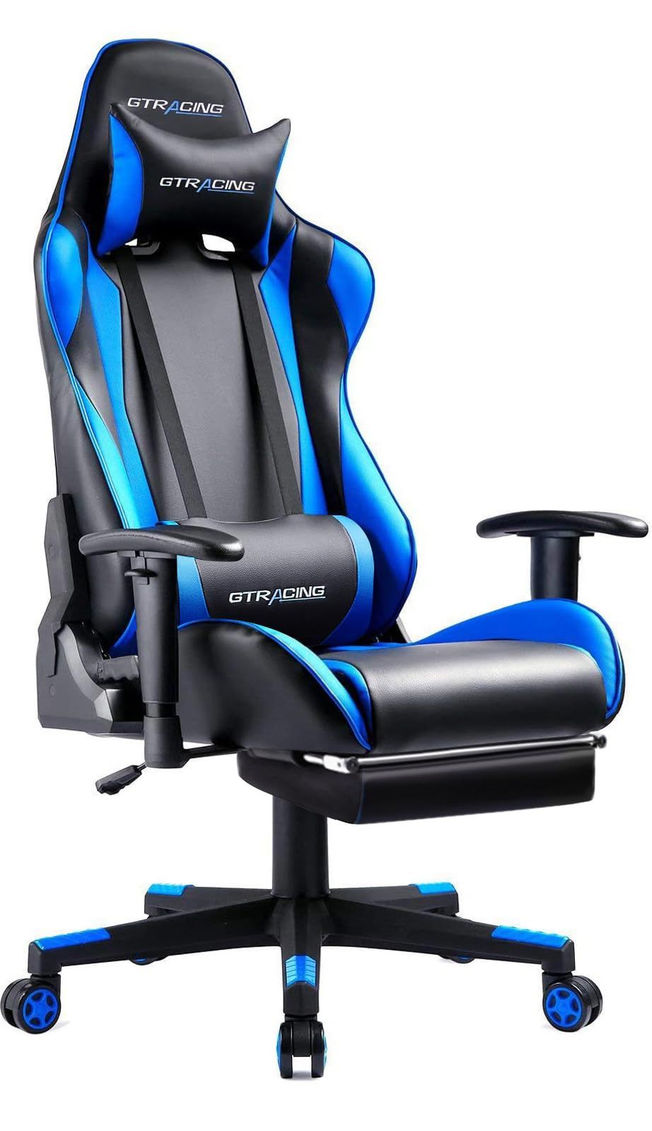 GTRacing ゲーミングチェア オフィスチェア デスクチェア ゲーム用チェア リクライニング パソコンチェア ハイバック ヘッドレスト ランバーサポート ひじ掛け付き 高さ調整機能 PUレザー オットマン付き ブルー GT002F-BLUE
