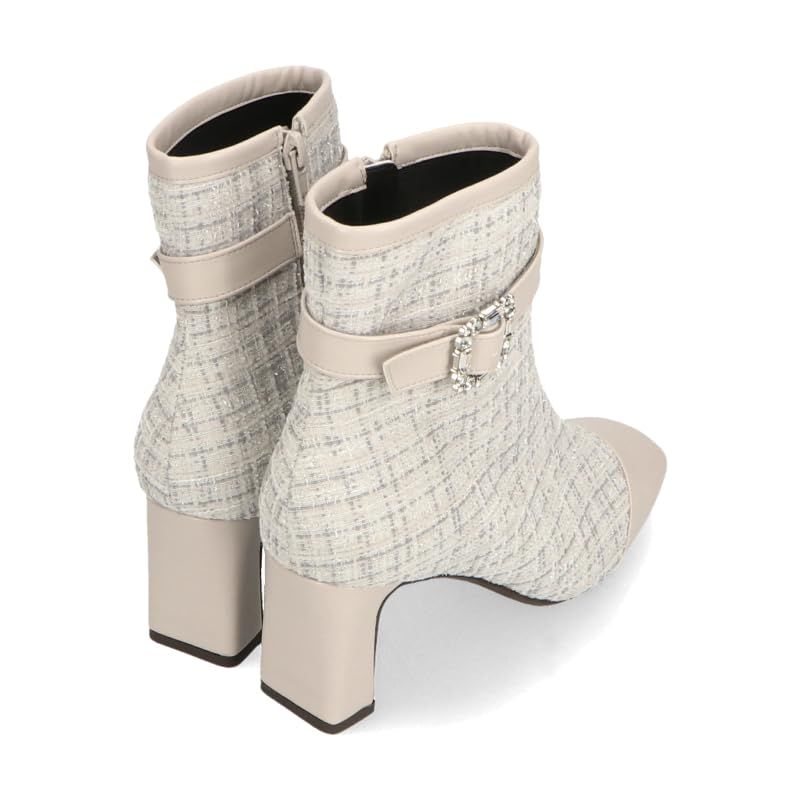 オリエンタルトラフィック ショートブーツ ツイード ビジュー バックル スクエアトゥ サイドジップ ラメ スタイルアップ 41419 GREY