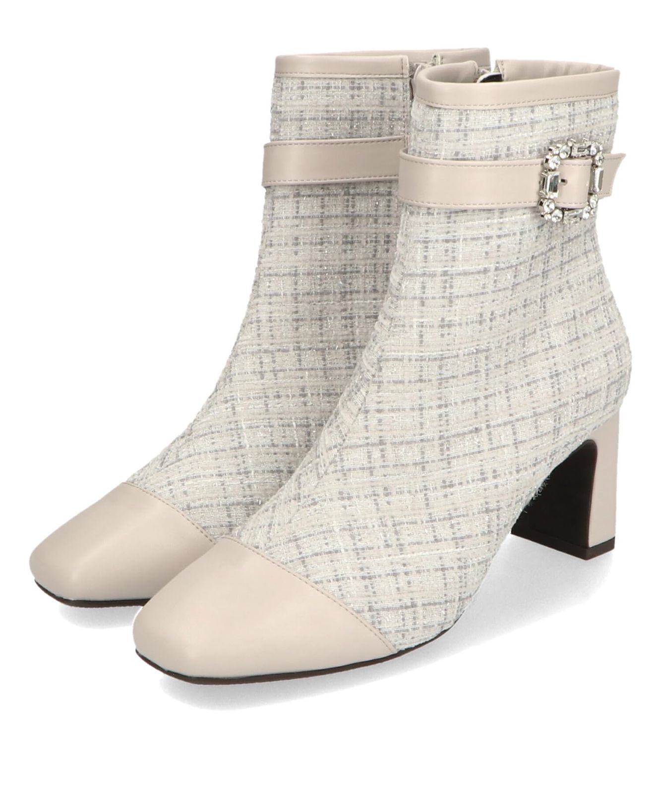 オリエンタルトラフィック ショートブーツ ツイード ビジュー バックル スクエアトゥ サイドジップ ラメ スタイルアップ 41419 GREY