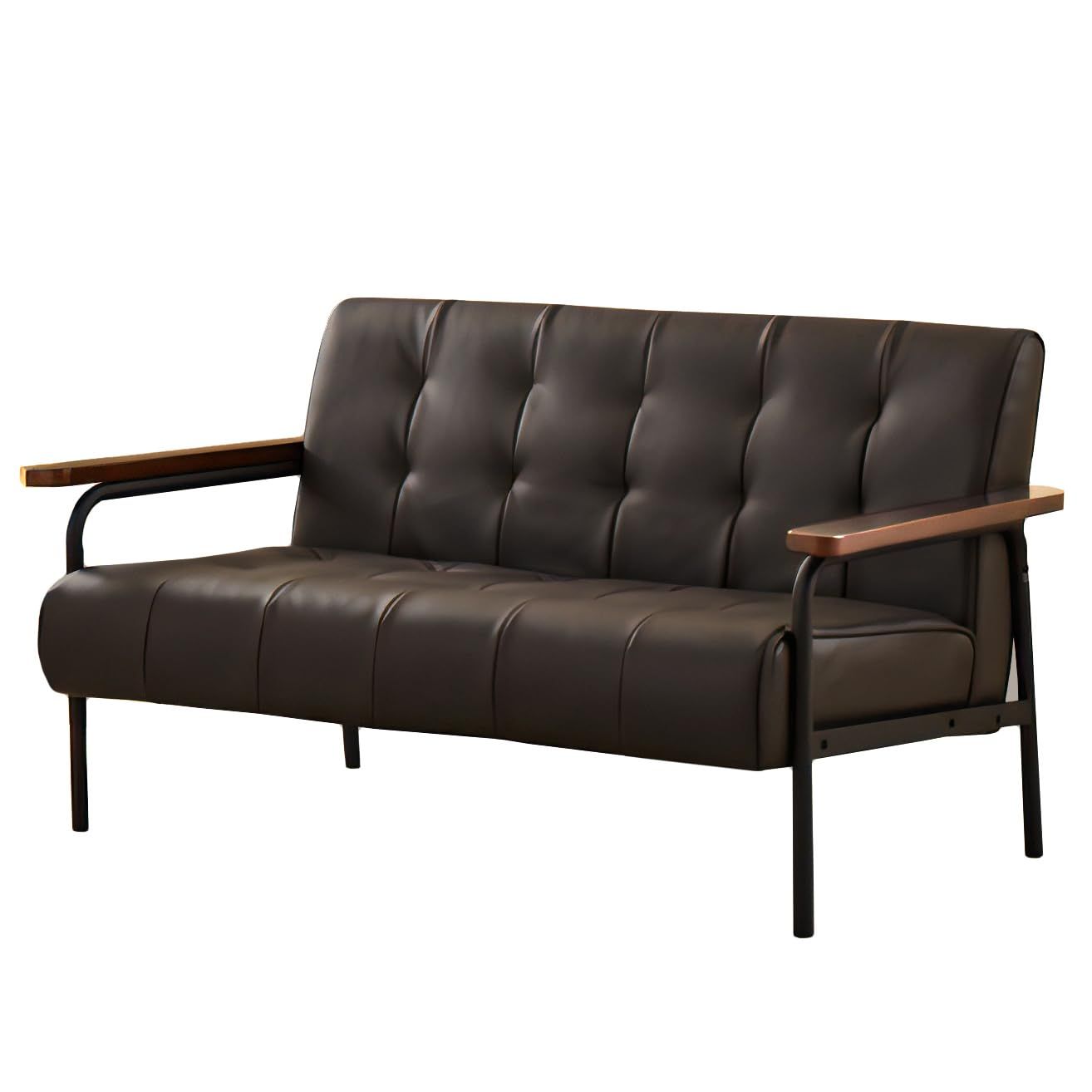 URBAN 木肘ソファ アンティーク調 レトロ デザイン 2人掛け ブラウン 合成皮革 アイアン脚 AX-1718
