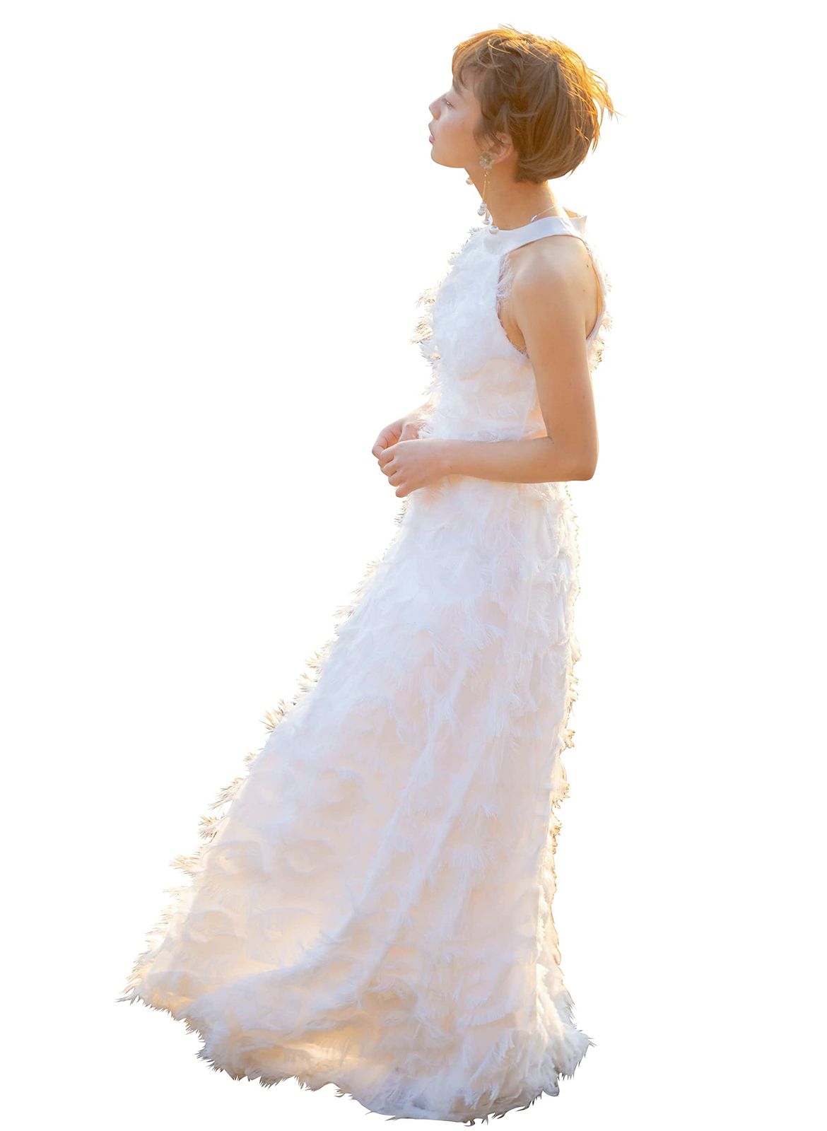 EightSTAR Dress ウエディングドレス 白 二次会 花嫁 ドレス シンプル 新婦 ナチュラル スレンダードレス a ライン フェザー調 マキシ ロング丈 前撮り セルフ M ホワイト