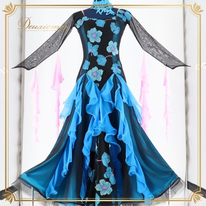 社交ダンス 衣装 ドレス ドレス ワンピース 青 フリル レース ピンク in the MOOD フロート デモ 競技 ダンス パーティ 花 ブラック系 ブルー系 おしゃれ デザイン 豪華 競技用 発表会 フォーマル