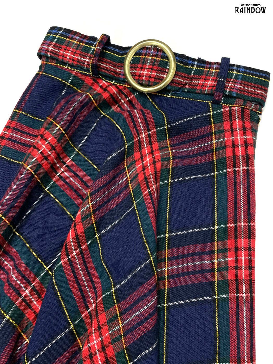 古着 ベルト付き TALONジップ チェック柄 ウール ロング丈 スカート 紺 btu2509111
