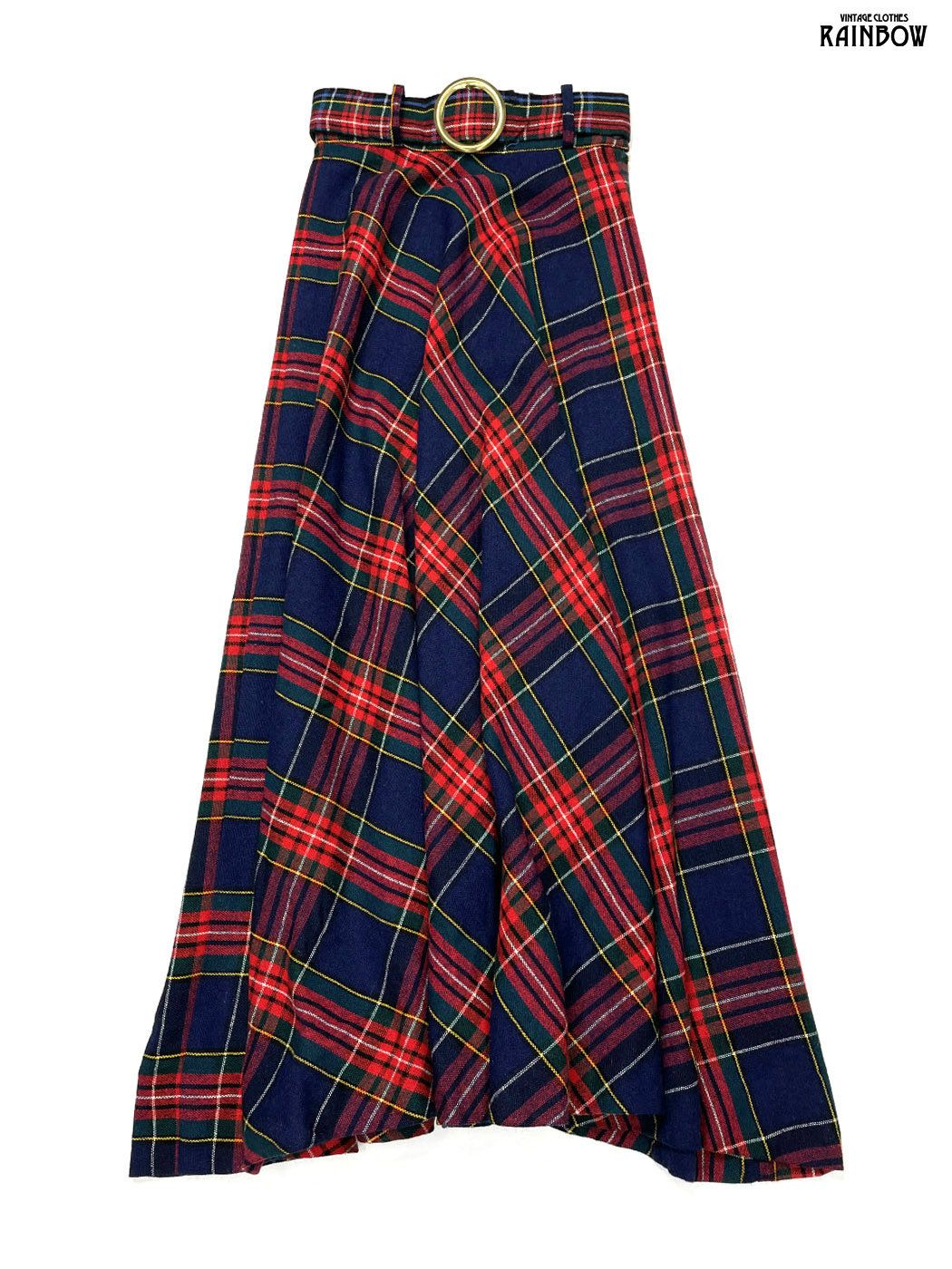古着 ベルト付き TALONジップ チェック柄 ウール ロング丈 スカート 紺 btu2509111