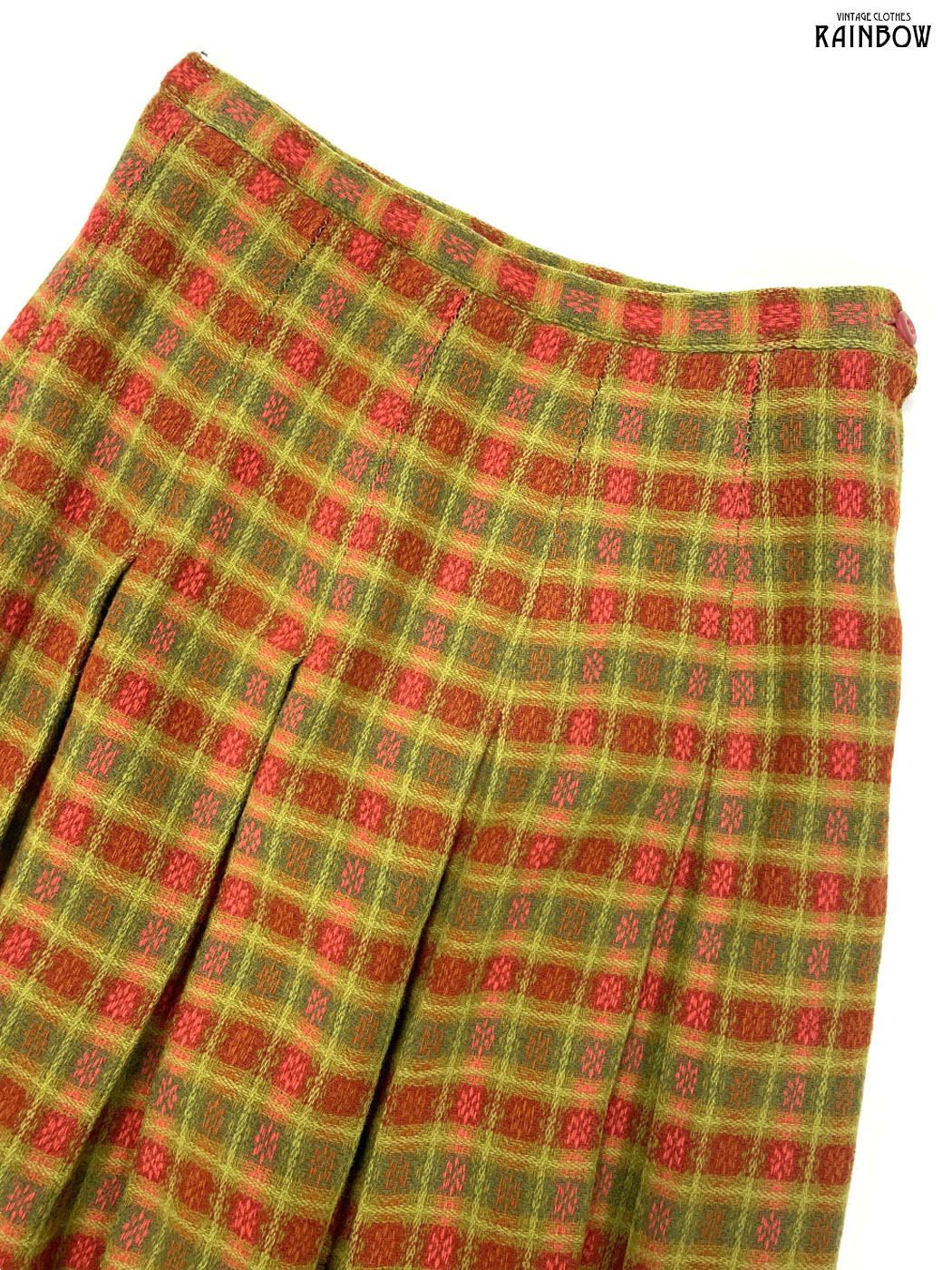 古着 TALONジップ チェック柄 ウール ミニ丈 プリーツ スカート 緑 茶 btu2510002