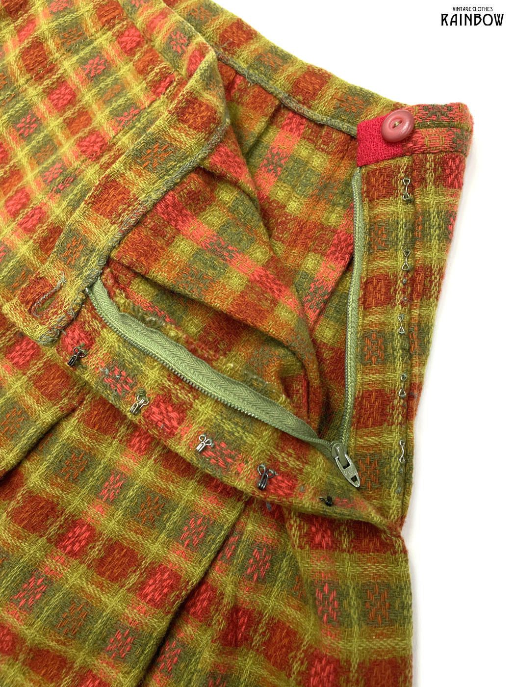 古着 TALONジップ チェック柄 ウール ミニ丈 プリーツ スカート 緑 茶 btu2510002 GULLKHAN_COM