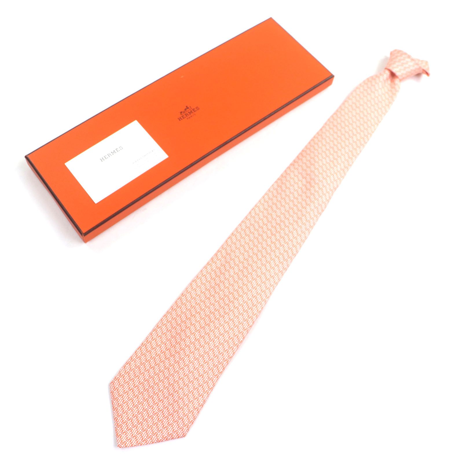 HERMES エルメス シルク クラヴァット Hロゴ総柄 ワイドタイ ネクタイ オレンジ き フランス製 メンズ ビジネス