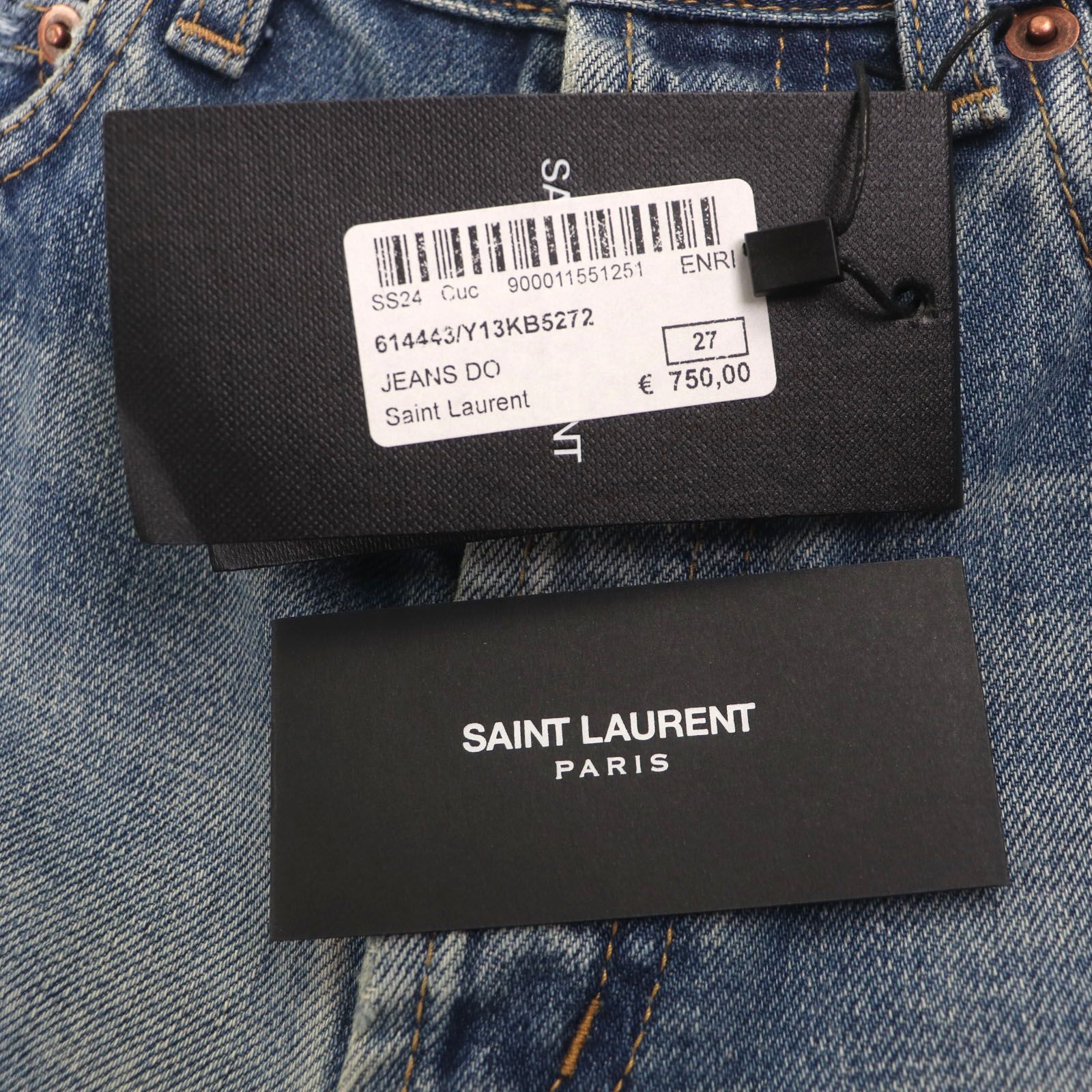 SAINT LAURENT PARIS サンローランパリ 24SS 614443 ウォッシュ加工 ボタンフライ レザーパッチ付き ストレート デニムパンツ アイスブルー 27 レディース DECORATOM_COM_BR