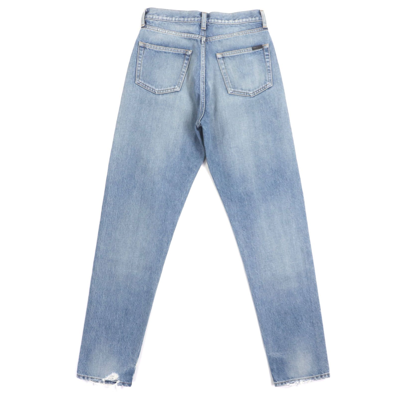 SAINT LAURENT PARIS サンローランパリ 24SS 614443 ウォッシュ加工 ボタンフライ レザーパッチ付き ストレート デニムパンツ アイスブルー 27 レディース