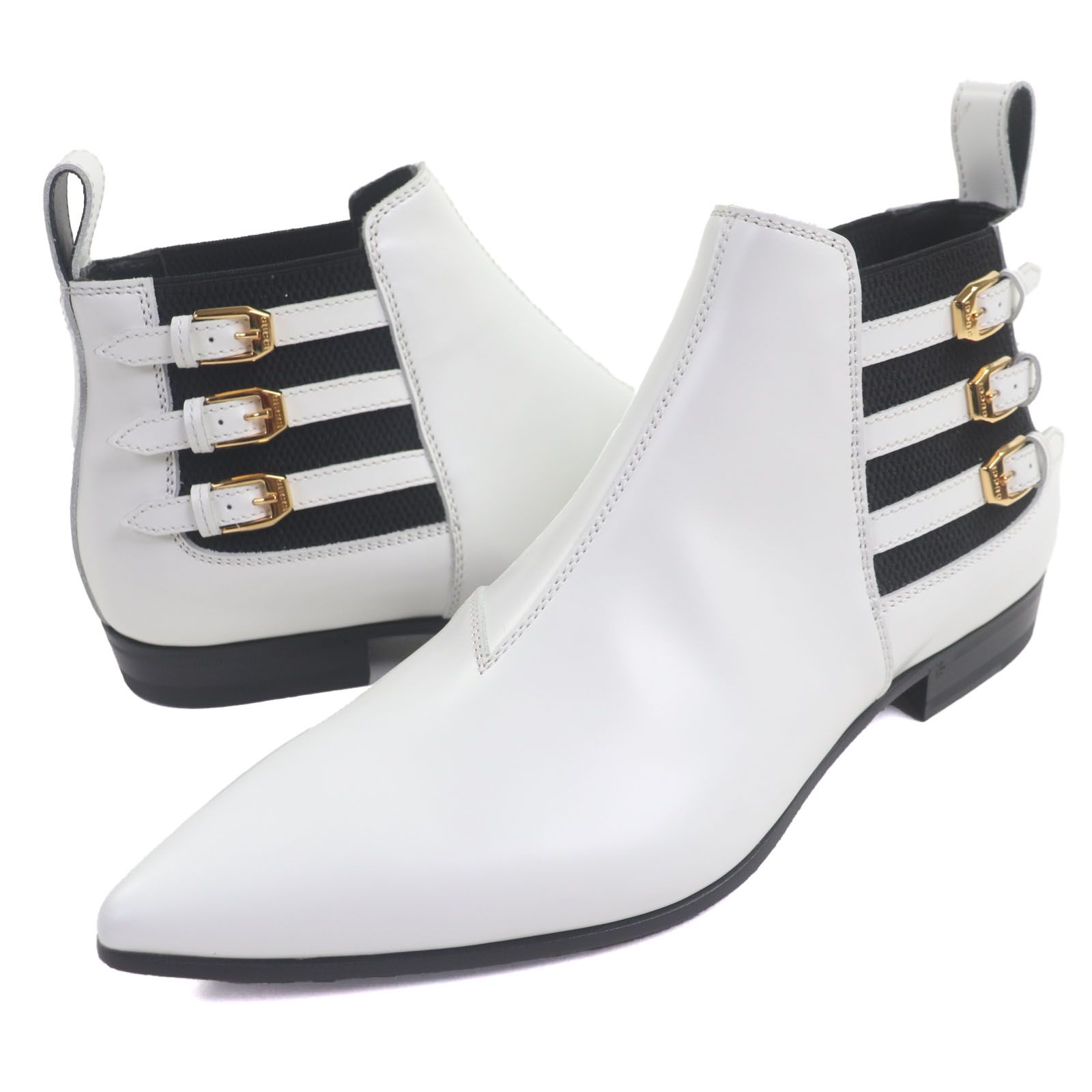 GUCCI グッチ 596918 レザー ベルトデザイン サイドゴア チェルシーブーツ ショートブーツ ホワイト 7.5 箱 保存袋付き イタリア製 メンズ