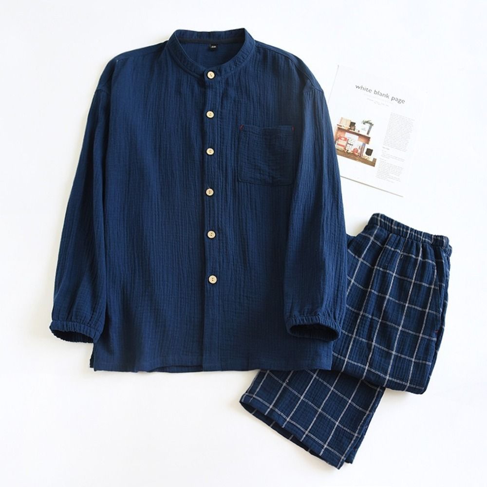 ネイビー  Mサイズ  ダブルガーゼ パジャマ メンズ 綿100% ダブルガーゼ パジャマ メンズ 寝巻き 寝間着 寝巻 部屋着 長袖パジャマ ガーゼパジャマ ルームウェア ルームウエア ダブルガーゼパジャマ 前開きパジャマ 上下セット セットアップ