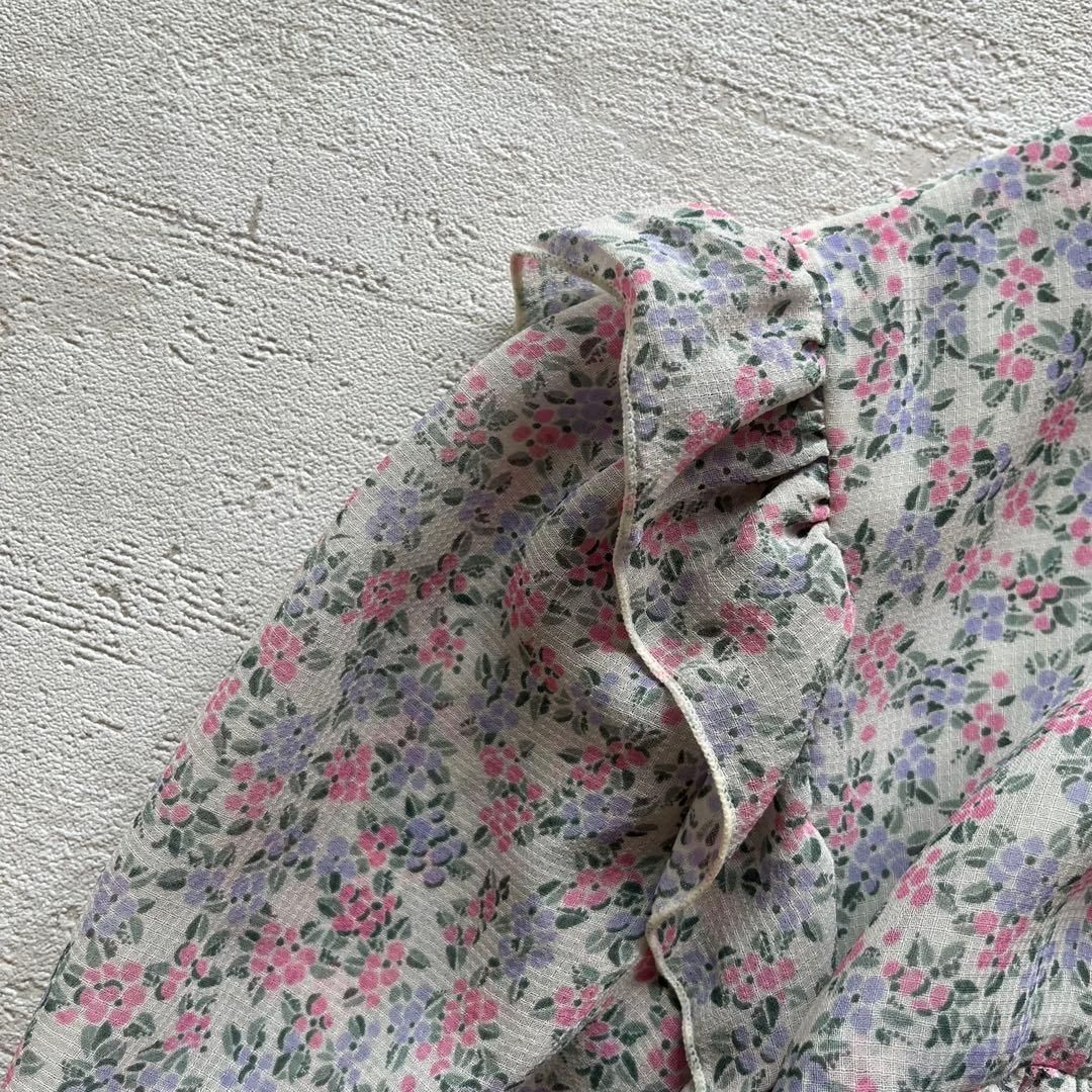 昭和レトロ花柄半袖ロングワンピーススタンドカラーフリル付きホワイト9号n1