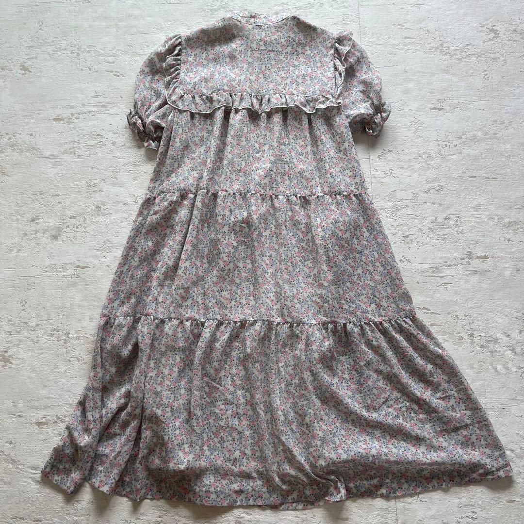 昭和レトロ花柄半袖ロングワンピーススタンドカラーフリル付きホワイト9号n1