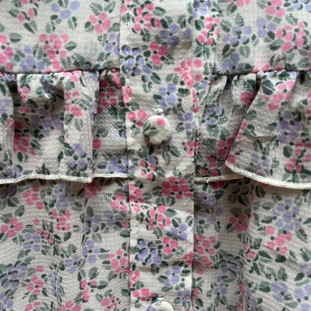 昭和レトロ花柄半袖ロングワンピーススタンドカラーフリル付きホワイト9号n1