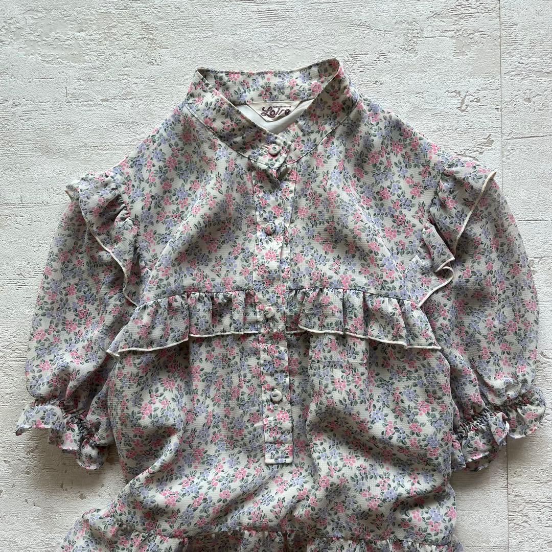 昭和レトロ花柄半袖ロングワンピーススタンドカラーフリル付きホワイト9号n1