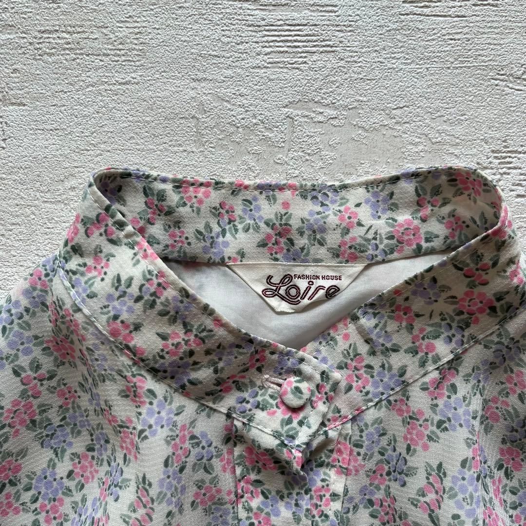 昭和レトロ花柄半袖ロングワンピーススタンドカラーフリル付きホワイト9号n1