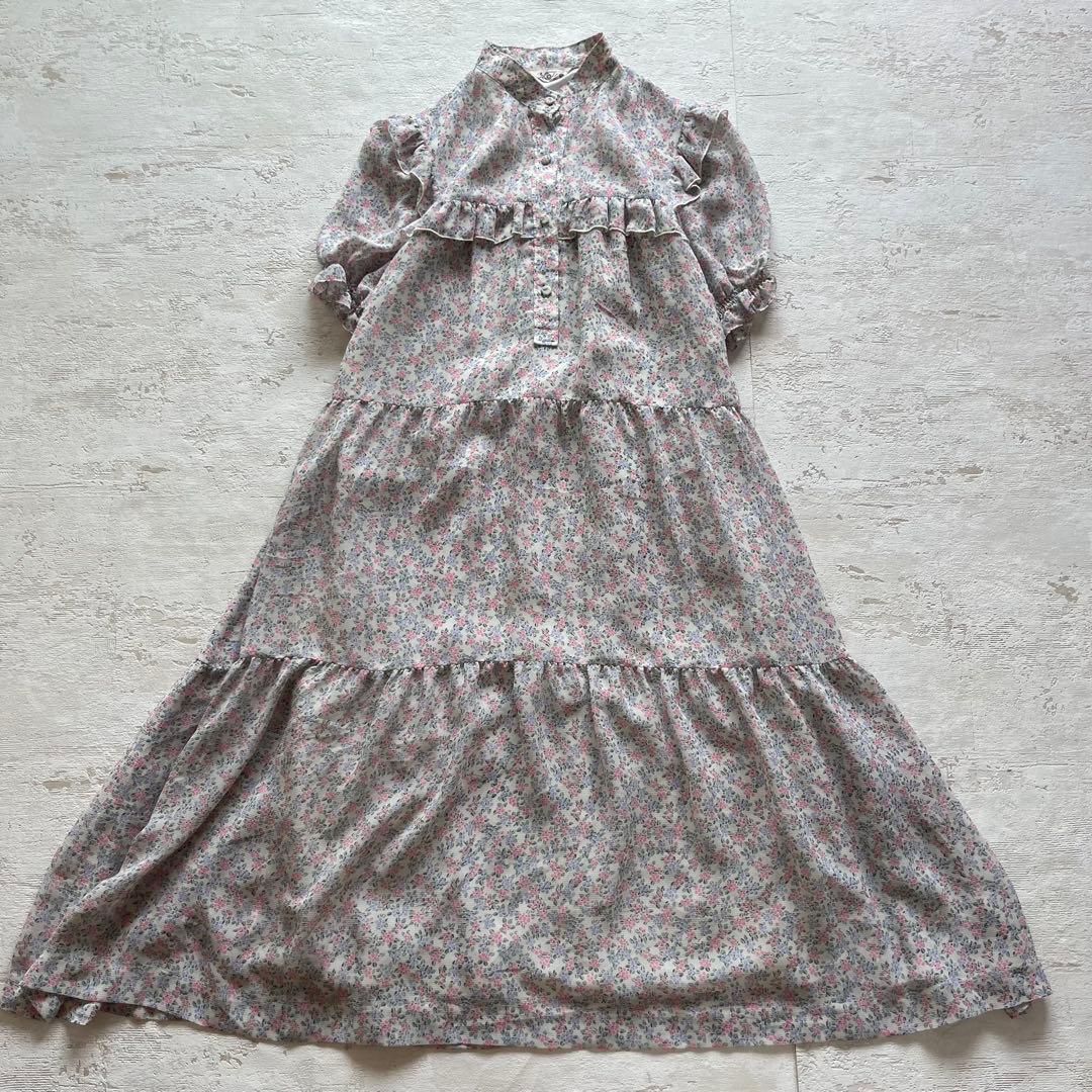 昭和レトロ花柄半袖ロングワンピーススタンドカラーフリル付きホワイト9号n1