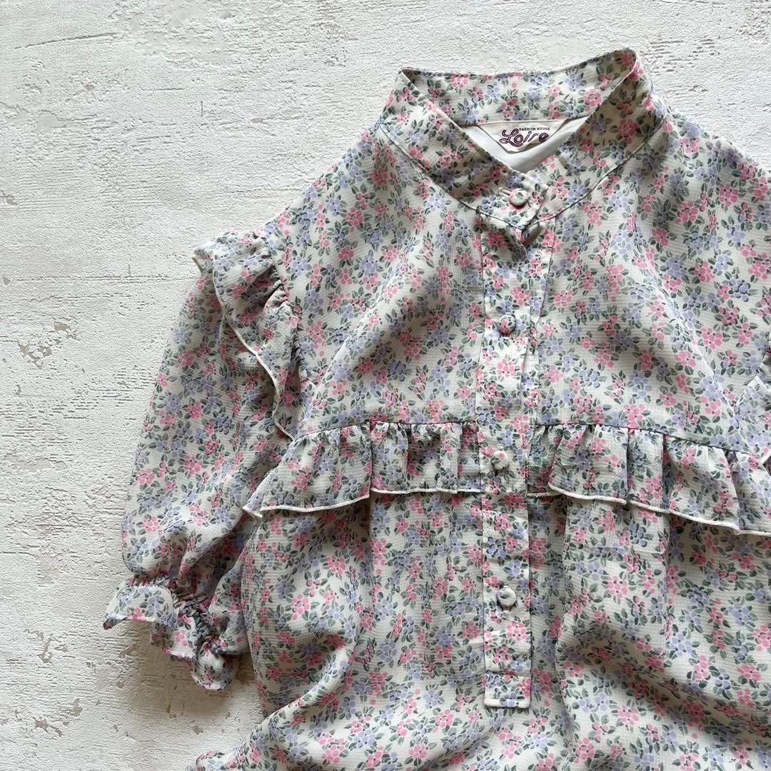 昭和レトロ花柄半袖ロングワンピーススタンドカラーフリル付きホワイト9号n1