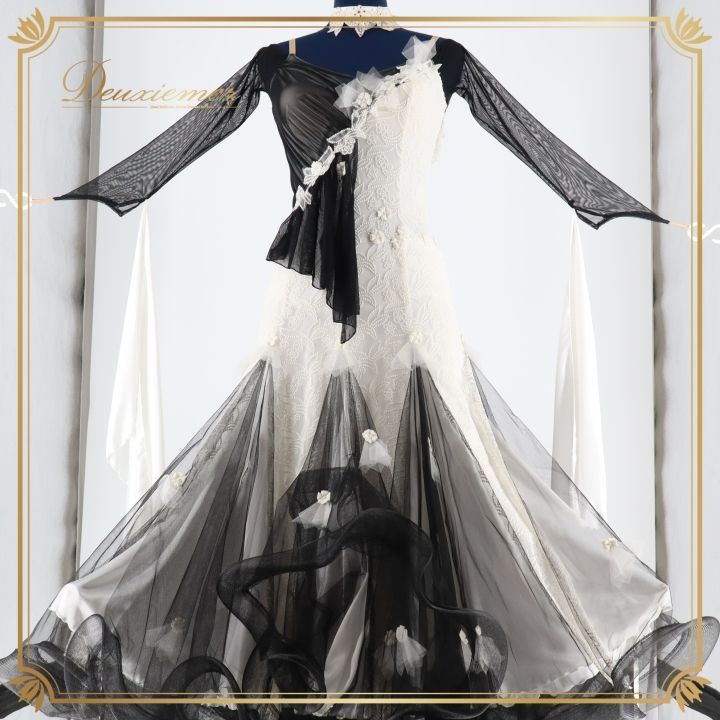 社交ダンス 衣装 ドレス ワンピース ドレス 白 黒 フリル フロート レース in the MOOD インザムード 花 上品 感 ボリューム い デモ 競技 ダンス パーティ ブラック系 ホワイト系 フォーマル エレガント