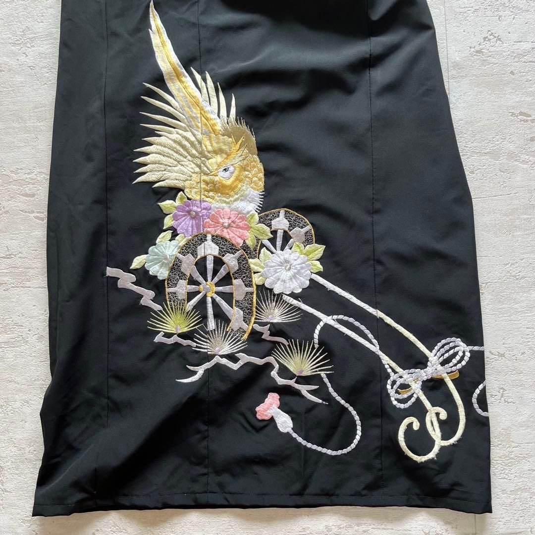 着物リメイク路五分袖ロングワンピースフォーマルブラック刺繍入りac
