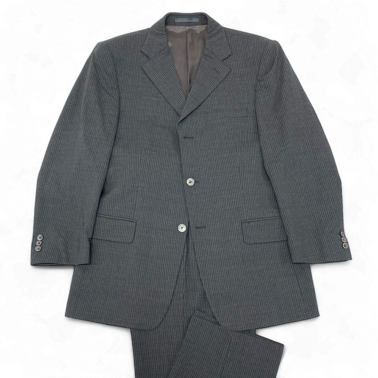 28k6 VERSACE COLLECTION ヴェルサーチ セットアップ スーツ ビジネス フォーマル 裏地総柄 ストライプ 48 グレー ウール メンズo07t