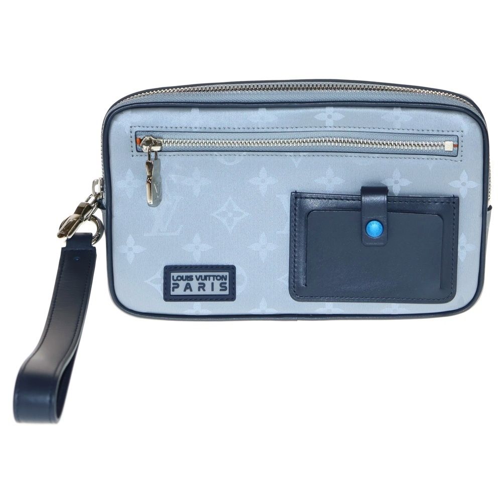 LOUIS VUITTON ルイヴィトン モノグラム サテライト アルファクラッチ フラップ付レザー切替ロゴキャンバスハンドバッグ ブルー M44171