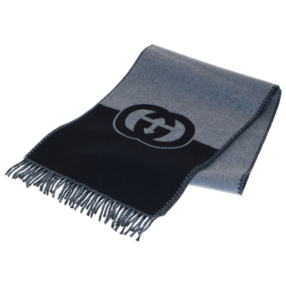 GUCCI グッチ インターロッキングG マフラー ブラック×グレー ウール×カシミヤ 715497