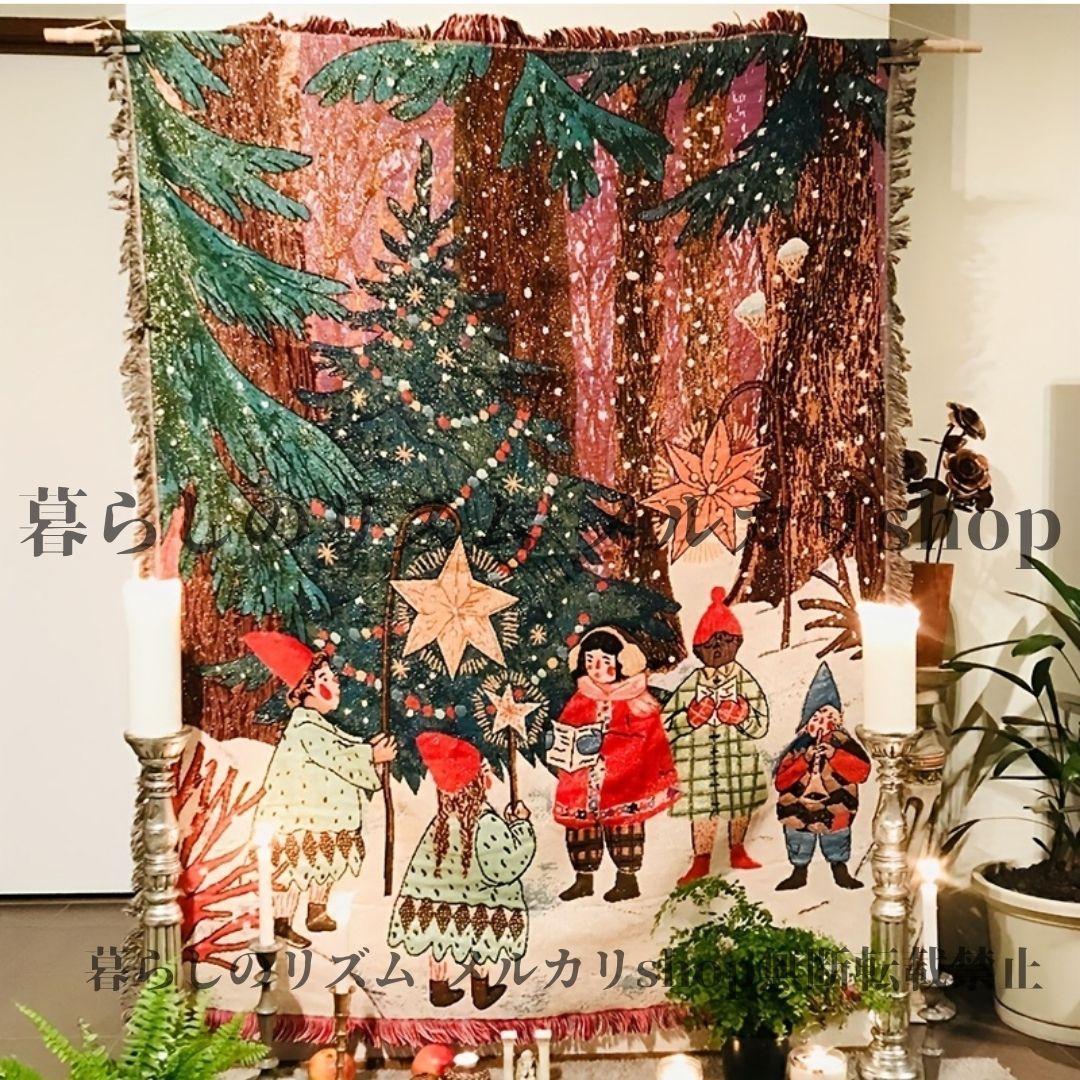 クリスマスタペストリー クリスマスデザイン ブランケット 冬のノーム タペストリー スローワー 雪の森の風景 赤と緑のクリスマスデコレーション ホームデコレーション クリスマス用 ヴィンテージスタイル ウォールアート ソフトポリエステル