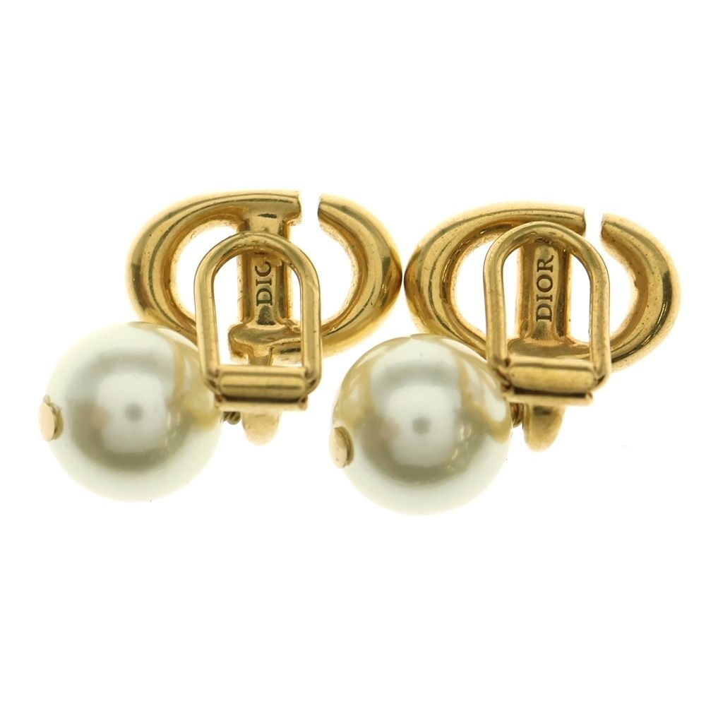 Christian Dior クリスチャンディオール CDロゴプレート フェイクパール ドロップ イヤリング ゴールド