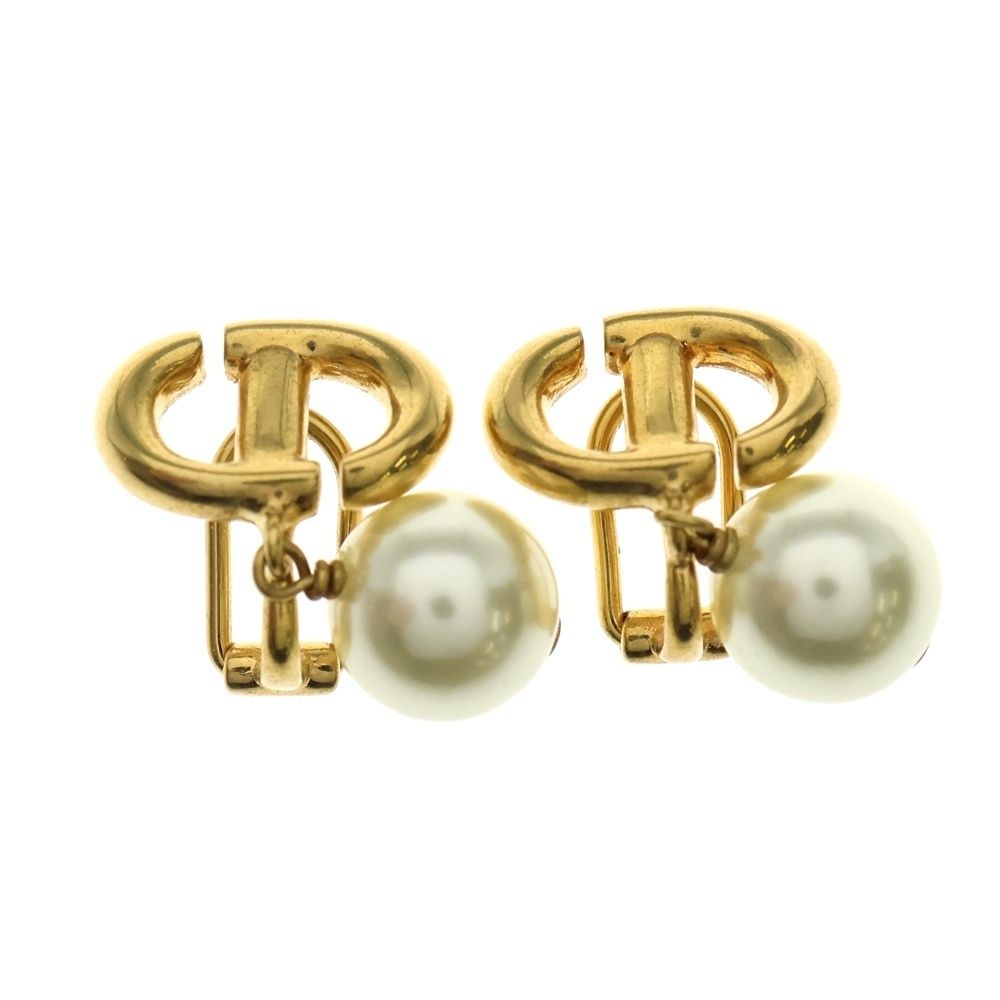 Christian Dior クリスチャンディオール CDロゴプレート フェイクパール ドロップ イヤリング ゴールド