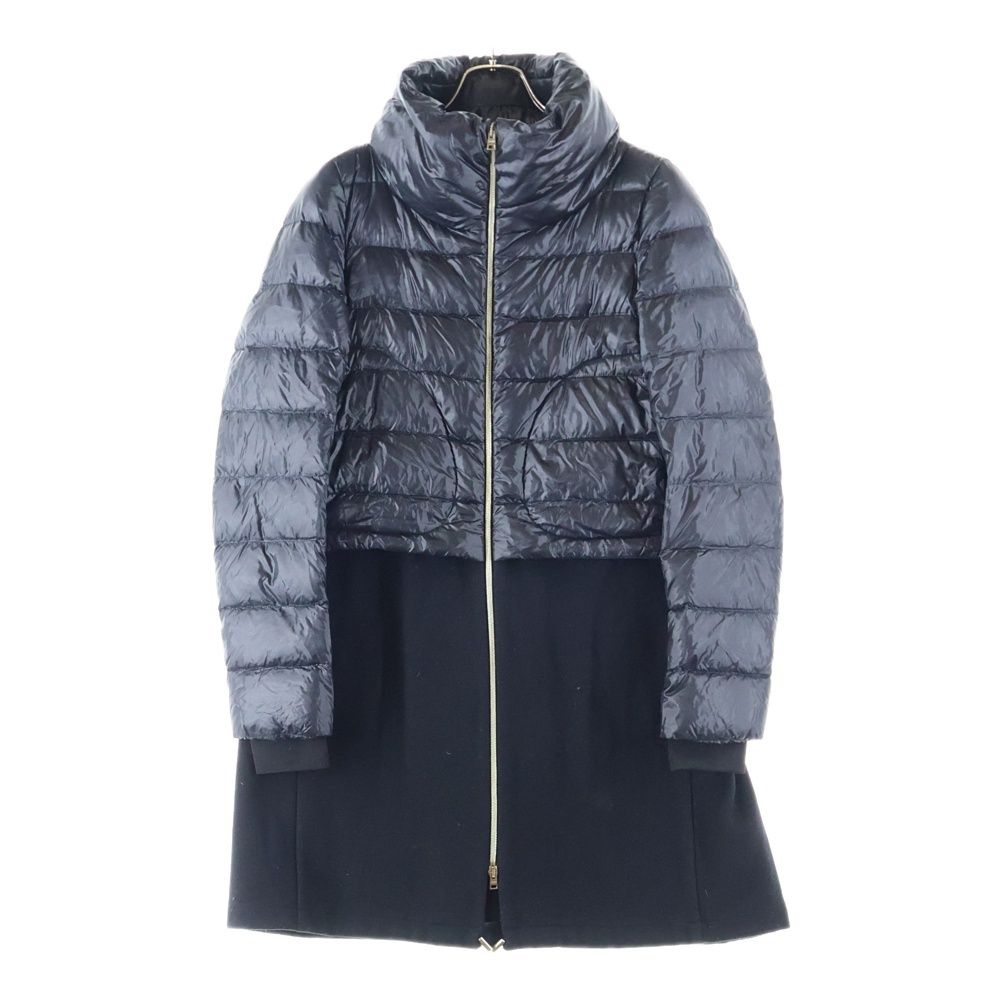 HERNO ヘルノ レイヤードデザイン ウール切り替え ジップアップ ダウン ロング ジャケット ブラック レディース