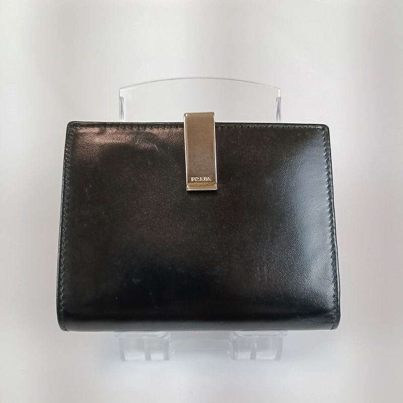PRADA プラダ 二つ折り財布 シルバーロゴ金具 オールド ブラック 黒 レザー メンズ レディース コンパクト ミニ財布