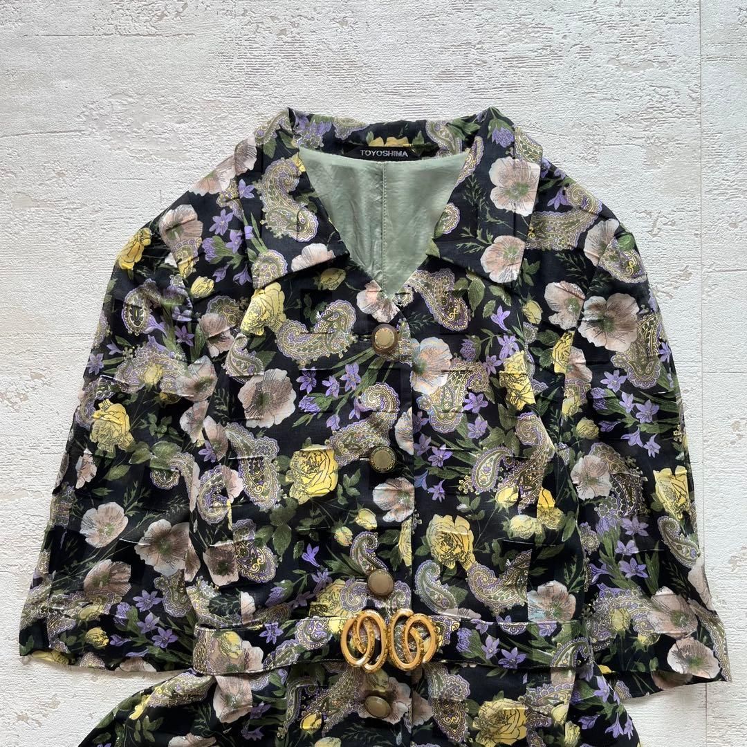 昭和レトロボタニカル柄半袖ロングワンピースベルト付きペイズリーブラックn 1