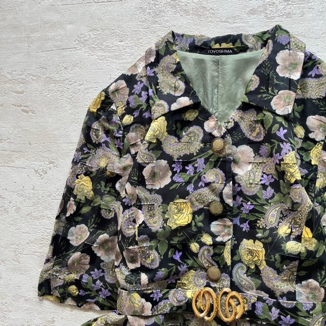 昭和レトロボタニカル柄半袖ロングワンピースベルト付きペイズリーブラックn 1
